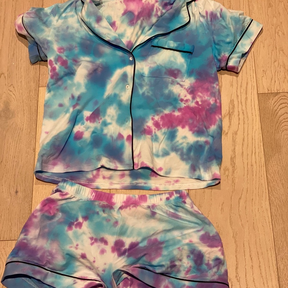 Blue and purple tie dye PJ short set